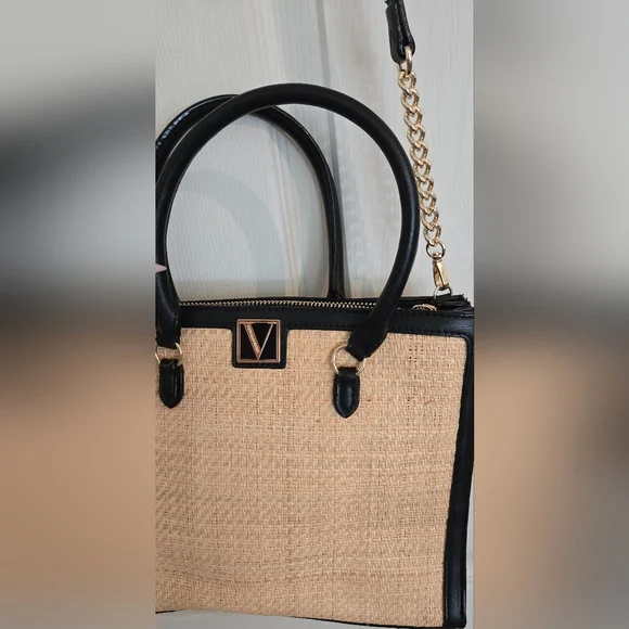 Victoria's Secret Structured Satchel Straw Tote Black Tan Women Crossbody NWOT - Picture 3 of 16